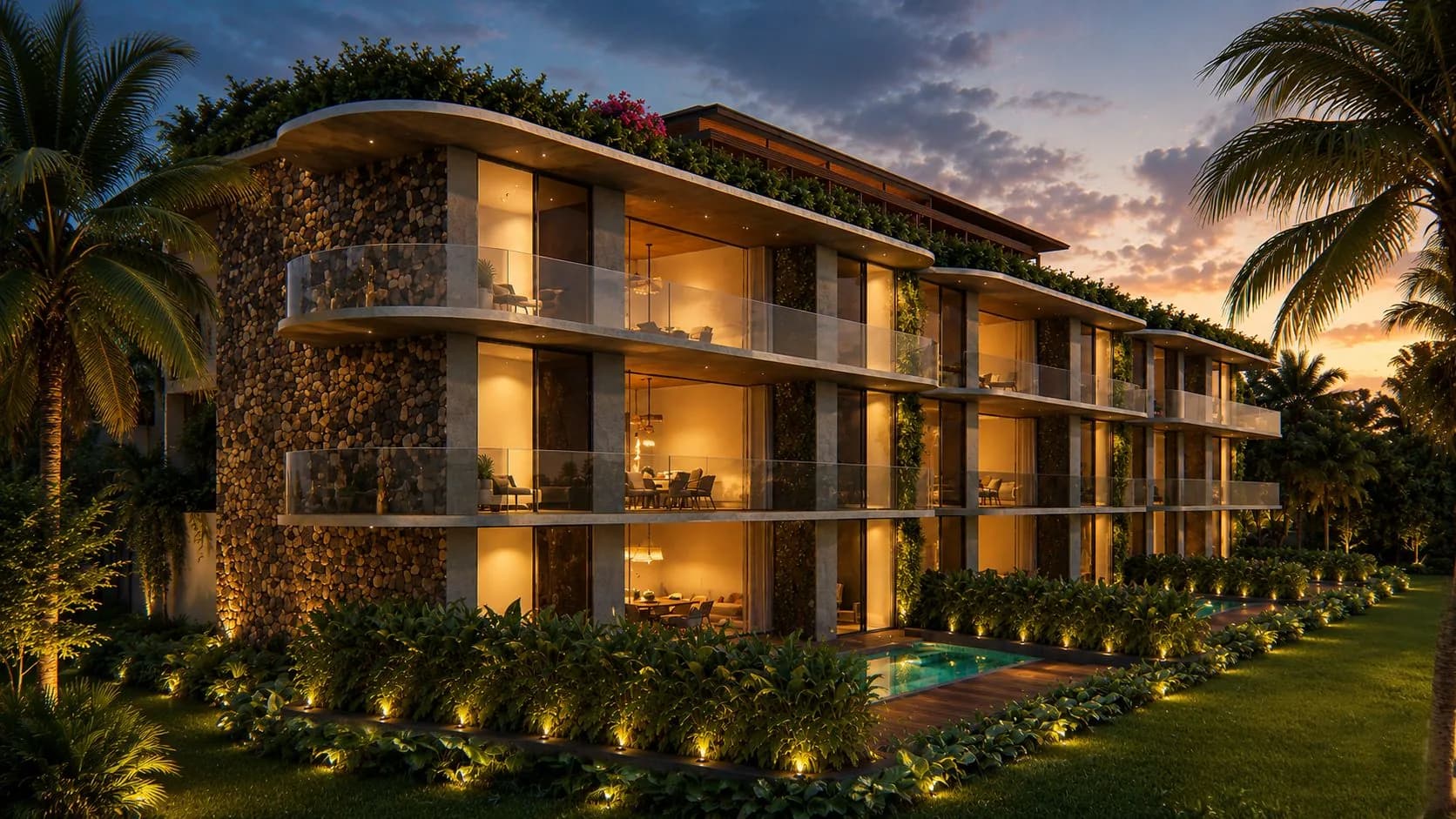 Garden Condos at sunset with private pools