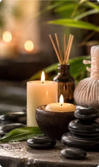 Aaru spa treatment room with candles and hot stones