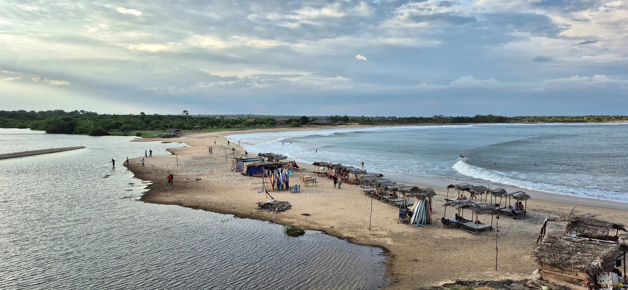 Aerial view of Arugam Bay's coastline and lagoon