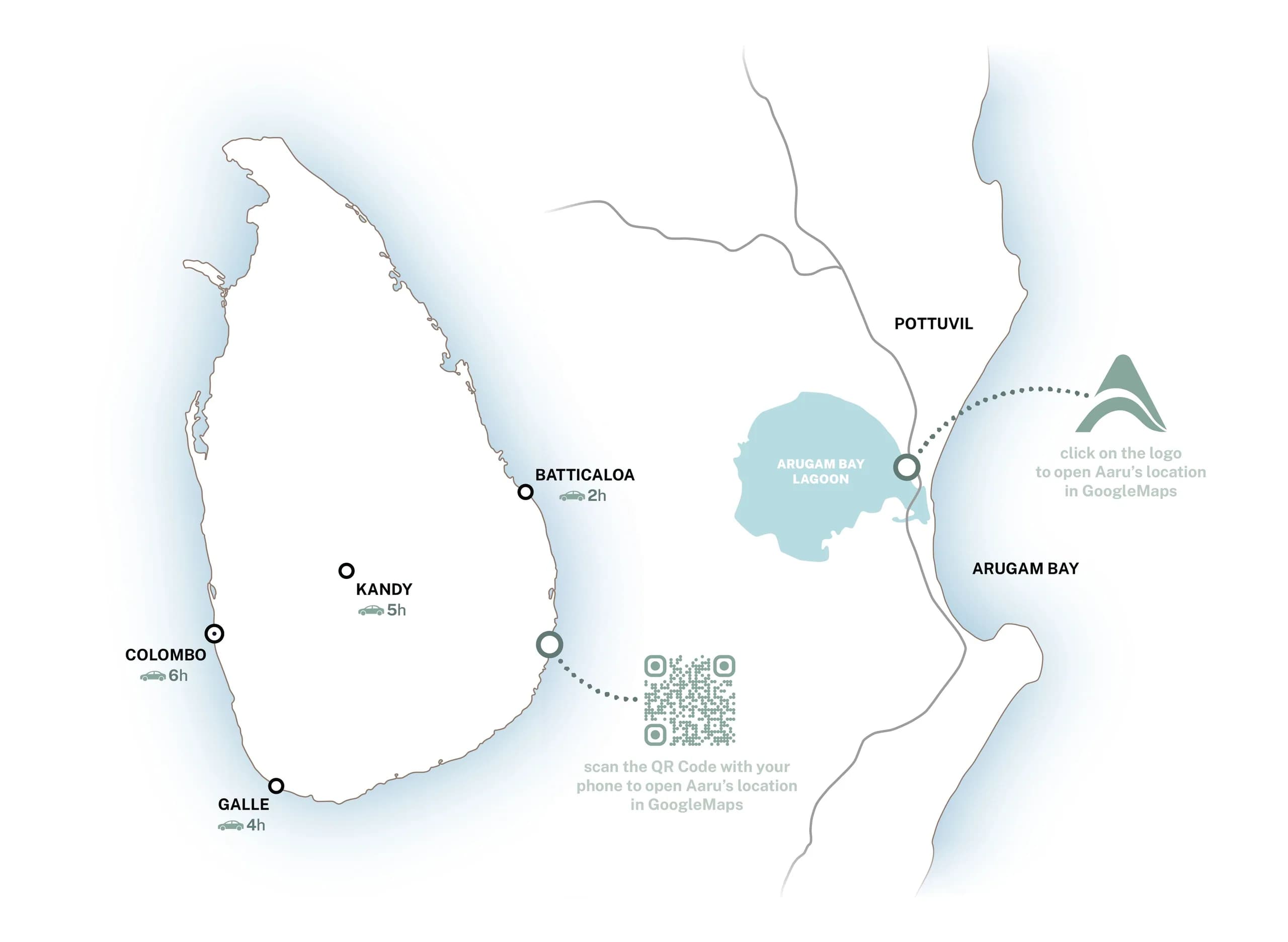 Map showing Aaru's location in Arugam Bay relative to the lagoon and nearby cities